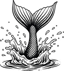 Fototapeta premium Black and White Vintage Mermaid Tail Splash Illustration Engraving Style Vector