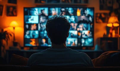 person seated on couch in dim cozy living room watching a large television filled with video thumbnails, warm lamp light and quiet contemplative evening mood