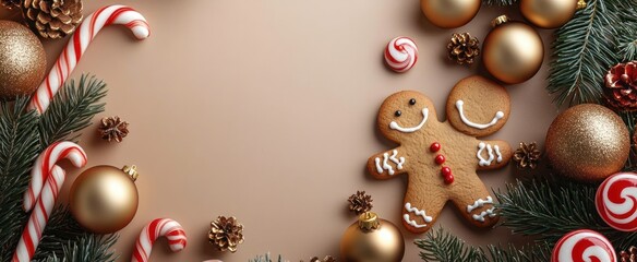 Two smiling gingerbread cookies surrounded by candy canes, round peppermint candies, gold baubles, pine cones and evergreen sprigs on a warm beige background, festive and cozy