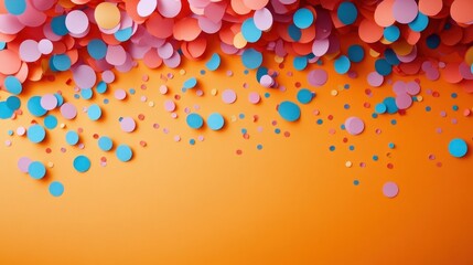 colorful paper confetti circles cascading across a vibrant orange backdrop, playful joyful and festive composition