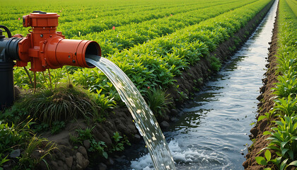 Green hose supplies water to cornfield, flowing into irrigation ditch between rows of young corn plants. Farming process ensures crop growth in agricultural land. Farm field receives vital liquid for