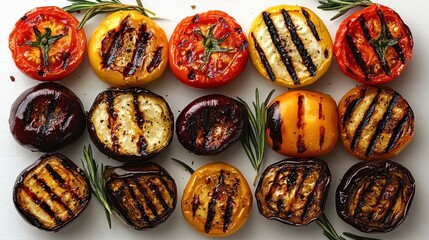 neat grid of colorful grilled tomato and eggplant rounds with dark char marks and rosemary sprigs, appetizing rustic smoky presentation