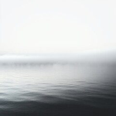Calm misty seascape with gentle ripples, low fog at the distant horizon and a soft pale sky, evoking quiet solitude and serene stillness