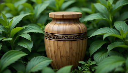 A natural wood urn sits among lush green leaves. This eco friendly container represents remembrance and respect for departed loved ones. It suggests peace and a gentle return to nature.