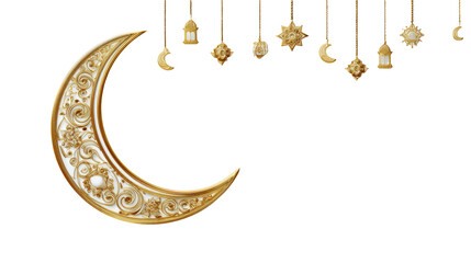 Ornate golden crescent moon with hanging stars and lanterns isolated on a transparent background 1