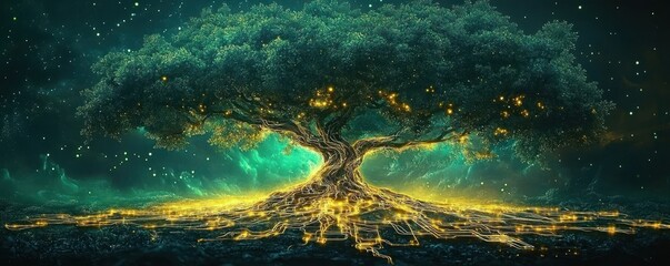 Majestic glowing tree with a dense canopy and golden circuit-like roots spreading across dark ground, twinkling lights in its branches under a starry teal night sky, evoking awe and wonder