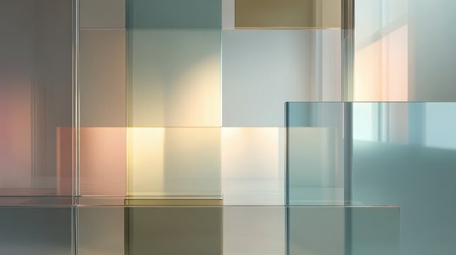 Abstract Modern Geometric Background of Layered Translucent Glass Panels with Soft Pastel Color Gradients and Subtle Light Reflections.