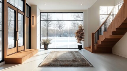 Bright modern entryway with floor-to-ceiling glass windows revealing a snowy landscape, wooden staircase, patterned rug, potted trees and a calm serene winter light