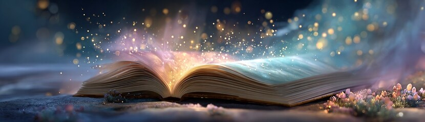 Ultra wide fantasy background open book emitting glowing light particles dark background imagination and education theme cinematic banner style