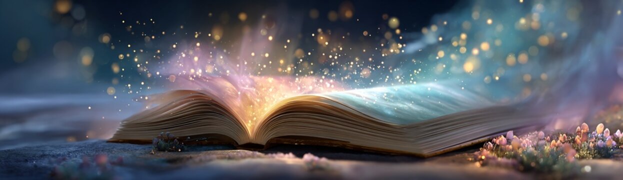 Ultra wide fantasy background open book emitting glowing light particles dark background imagination and education theme cinematic banner style