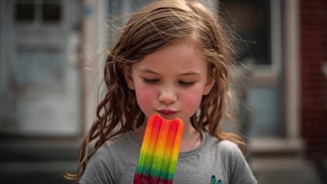 A young girl enjoys a colorful popsicle on a blurred background of a house with a shallow depth of field and warm tones