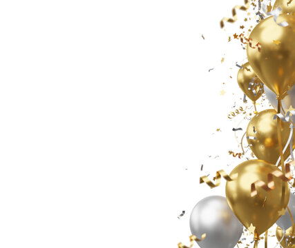 Premium golden and silver balloons with confetti on transparent background with copy space for luxury celebration 3D render