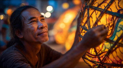 A woman crafts a lantern for the Siem Reap Giant Puppet Parade in Cambodia