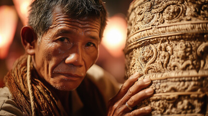 Elderly Man Participating in Siem Reap Giant Puppet Parade, Cambodia, Holding an Intricately Carved Puppet, Close-up Portrait