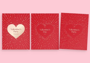 Valentines Day Flyer Poster Template in Red & Gold with Luxury Love Heart Vector Concept