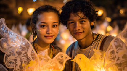 Couple enjoying Siem Reap Giant Puppet Parade, Cambodia, with lanterns and festive atmosphere at night