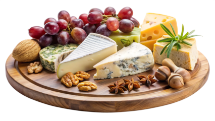 French cheese board with grapes isolated on a transparent background 