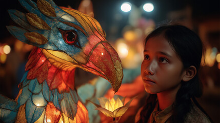 Vibrant Giant Puppet Parade Scene at Night in Siem Reap, Cambodia, Featuring a Young Girl and a Colorful Bird Puppet