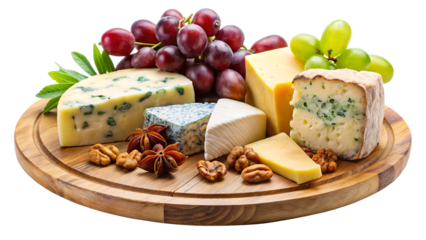 French cheese board with grapes isolated on a transparent background 