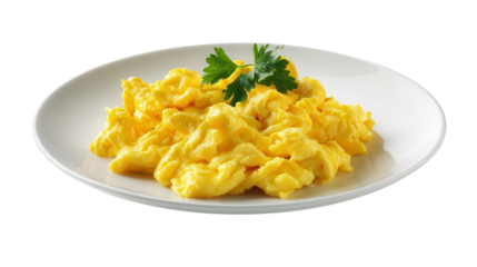 Scrambled Eggs on White Plate with Parsley isolated on a transparent background