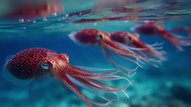 Three red jellyfish swimming underwater with spotted bodies and long tentacles in clear blue ocean water.