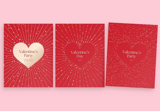 Valentines Day Flyer Poster Template in Red & Gold with Luxury Love Heart Vector Concept