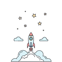 Rocket launching into starry night sky with clouds