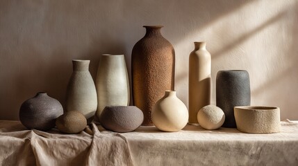 Collection of handcrafted ceramic vases, varied shapes/textures, draped cloth backdrop, soft lighting