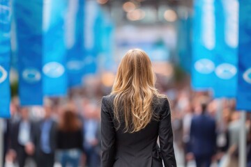 Fototapeta premium A woman walks forward through the business world with confidence and focus. Her steps represent progress, growth, and an unstoppable career path.