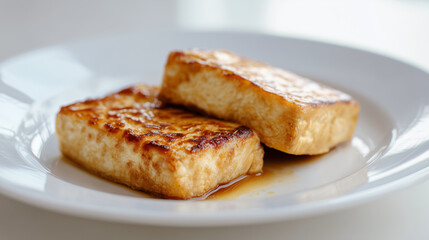 白い皿に盛り付けられた表面をカリッと香ばしく焼き上げたジューシーな厚切り豆腐ステーキ