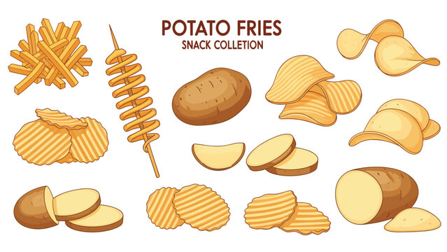 Comprehensive collection of potato snacks including fries, chips, wedges, and whole potatoes labeled as potato fries snack collection.