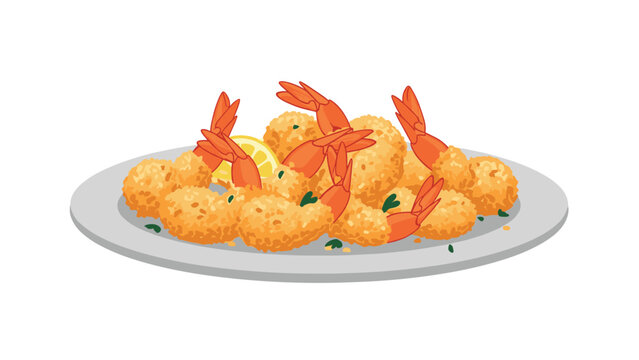 Plate of golden brown crispy fried breaded shrimp garnished with green herbs and a lemon slice isolated on a white background.