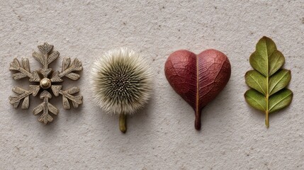 Four natural elements aligned on textured surface snowflake, dandelion, heart-shaped leaf, and a simple leaf