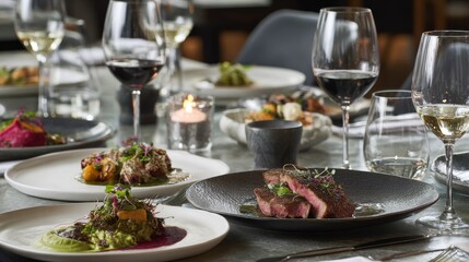 Gourmet meal, elegantly plated, with wine glasses. Soft light, moody atmosphere, dining experience