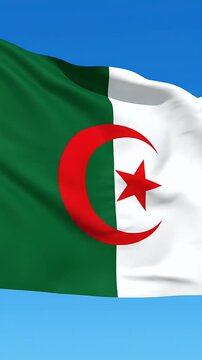 Algeria Flag Waving Green White Red Crescent Star Blue Sky Footage