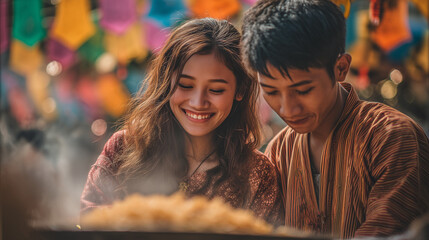 Couple enjoying Htamane Festival at Shwedagon Pagoda in Yangon, Myanmar with traditional food and vibrant celebrations