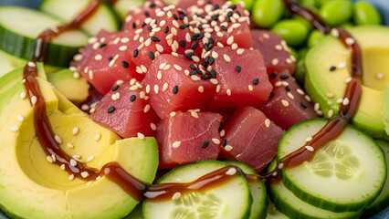 Delicious tuna poke bowl with avocado cucumber and sesame seeds