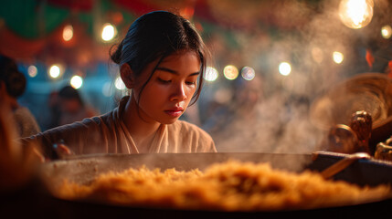 Young woman cooking Htamane during Htamane Festival at Shwedagon Pagoda in Yangon Myanmar