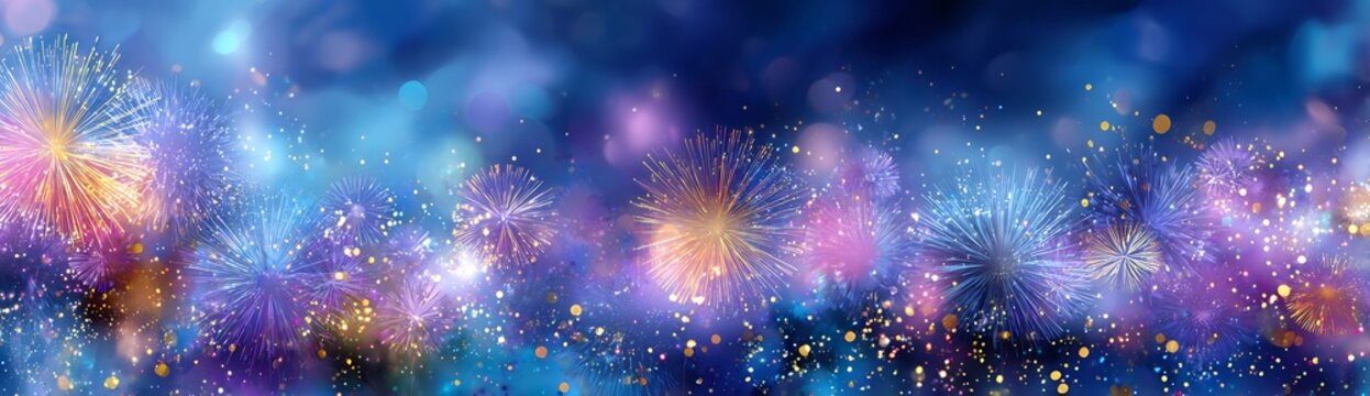 Ultra wide New Year celebration background soft abstract firework glow colorful light burst fading into dark blue sky sparkling particle elegant festive mood panoramic banner composition high end