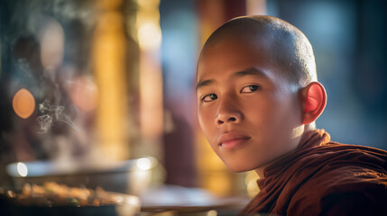 A young Buddhist monk participates in the Htamane Festival at Shwedagon Pagoda in Yangon, Myanmar, surrounded by festive atmosphere