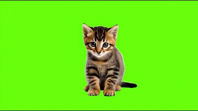 A cute kitten with captivating eyes sitting in front of a green screen. The kitten looks adorable and endearing, capturing hearts with its innocent gaze. on a white background, easy to use.