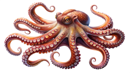 Realistic octopus with detailed tentacles isolated on a transparent background