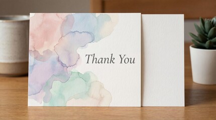 Elegant Watercolor Thank You Card with Pastel Splashes on a Wooden Surface, Conveying Heartfelt Gratitude and Appreciation for Special Moments