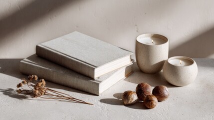 Still-life featuring two books, burning candles, dried sprig, and scattered nuts on a neutral surface with dappled light
