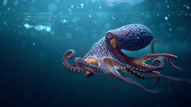 Close-up of a purple octopus swimming underwater with tentacles outstretched in a dark blue ocean with bubbles.