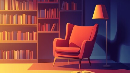 Fototapeta premium Cozy reading nook illustration with armchair bookshelf and warm lighting