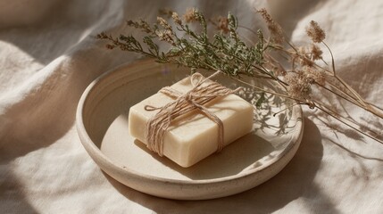 A square bar of soap tied with twine sits in a rustic ceramic dish, accompanied by dried florals on a beige cloth