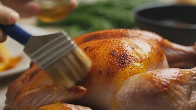 Close-up of person basting a golden-brown roasted chicken with a brush