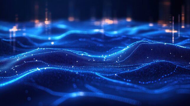 glowing blue undulating digital landscape of dotted light waves and particle mesh with vertical light streaks, creating a serene futuristic and mesmerizing mood - Powered by Adobe
