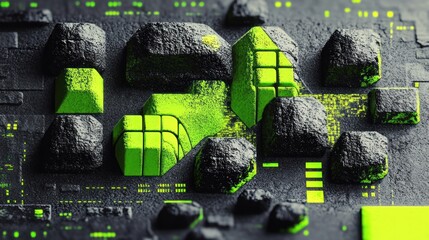 rough dark stone-like blocks and smooth neon green geometric cubes on a textured digital surface with glowing circuit details, evoking a mysterious futuristic miniature cityscape